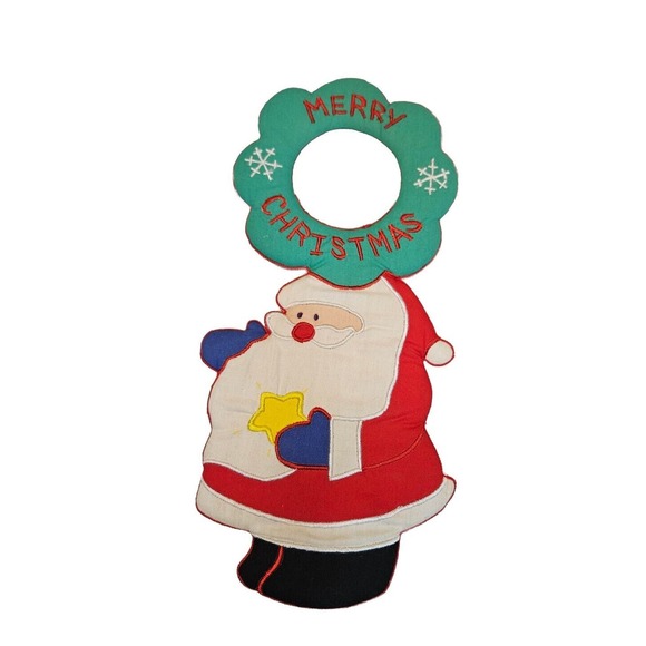 Vintage Fabric Merry Christmas Door Knob Hanger Santa Star Wreath - Picture 1 of 8